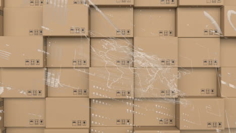 animation of data processing and globe spinning over stack of cardboard boxes in warehouse
