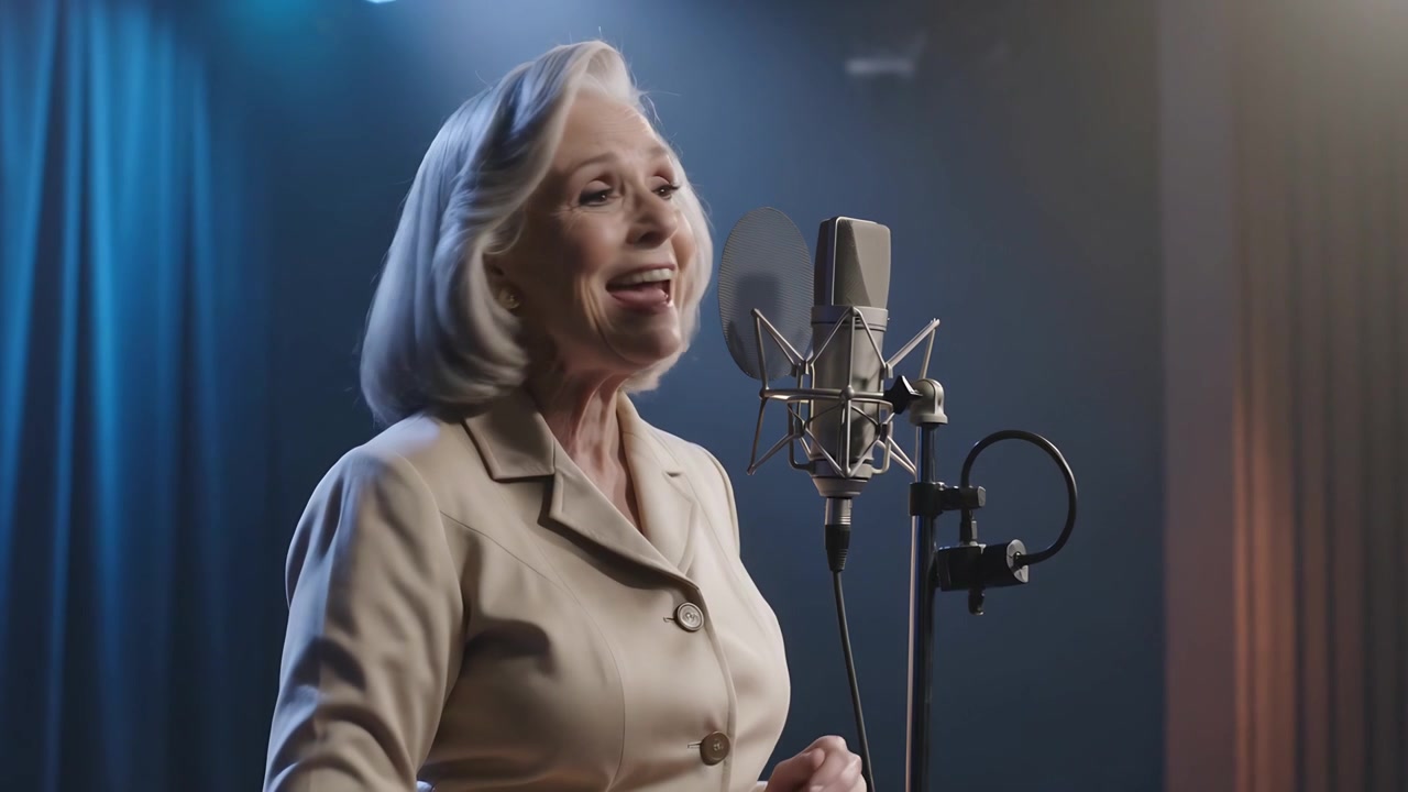 Cantante anziano che inspira, registra una frase lunga al microfono da studio, utilizzando un microfono a condensatore e indossando un blazer beige.