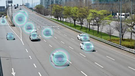 autonomous self driving cars moving through city.