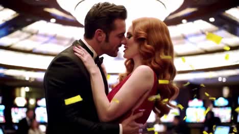 a romantic casino encounter: two lovers share an intimate moment in a luxurious gaming environment, highlighting the magic of connection and love amidst the excitement of the casino.
