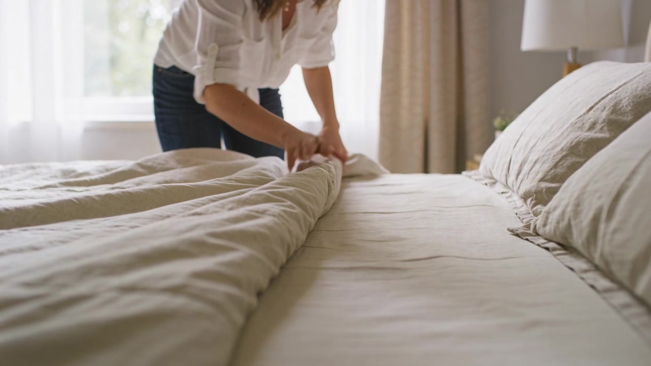 Mujer inclinada con blusa blanca y vaqueros oscuros, sujetando el edredón y alisándolo sobre la cama para ordenar la ropa de cama.