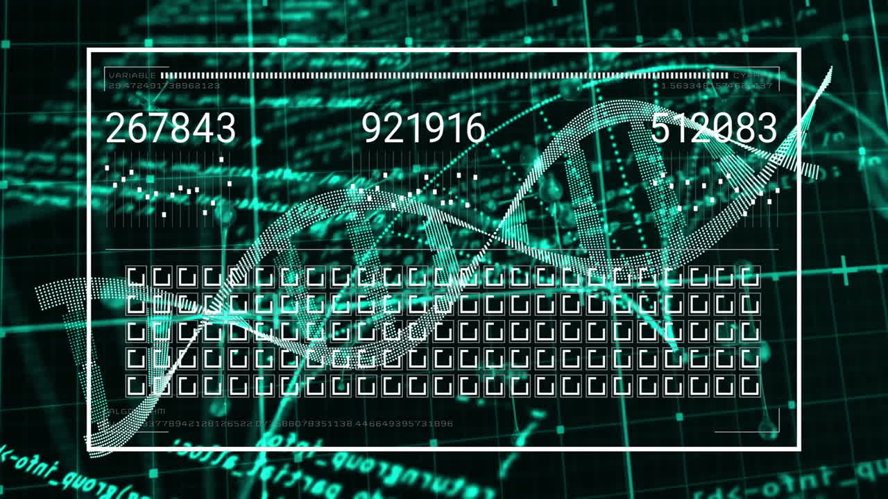 DNA strand with binary coding, processing scientific data in animation style