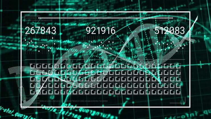 DNA strand with binary coding, processing scientific data in animation style