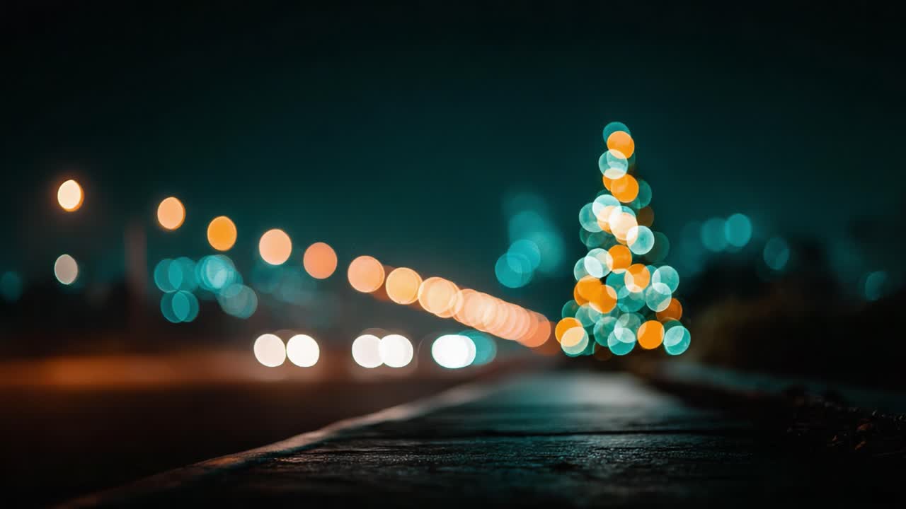 A Serene Christmas Scene Bathed in Night Lights: A Beautifully Decorated Tree with Soft Bokeh Effects Along a Quiet Road Capturing the Festive Spirit