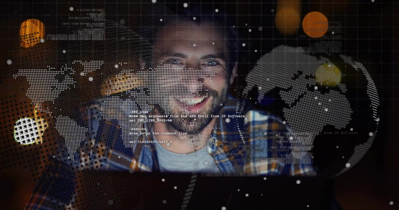 Vertical video: Tech dev tapping laptop reading code and causing world map, globe overlays, smiling