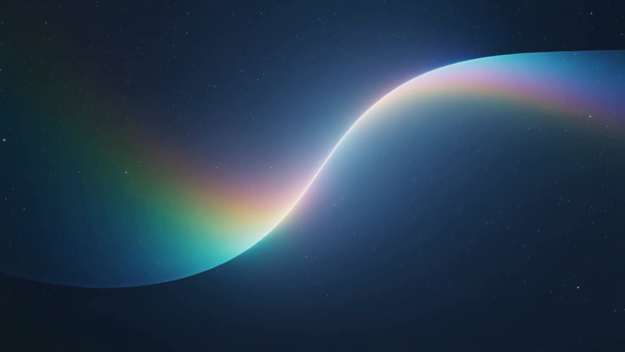 Animation startet: Ein neonfarbenes Regenbogenband verschiebt sich und bildet eine S-Kurven-Spitze über dunklen Sternen mit Leuchten.