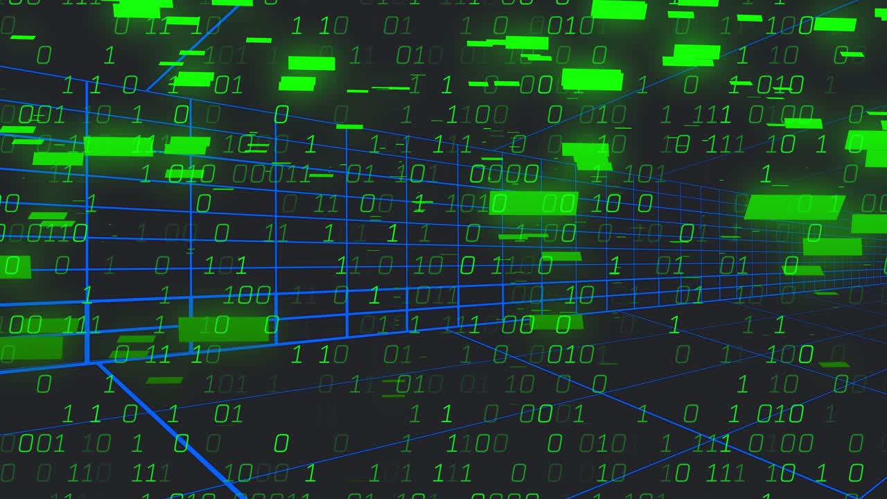 Neon blue wireframe forming tunnel camera moving right green binary rising blocks joining for data