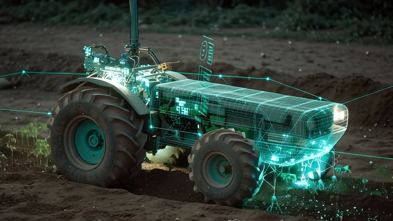 Un trattore opera in un campo utilizzando tecnologia avanzata al tramonto