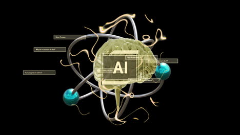 animación de un texto, cerebro y procesamiento de datos sobre un fondo negro