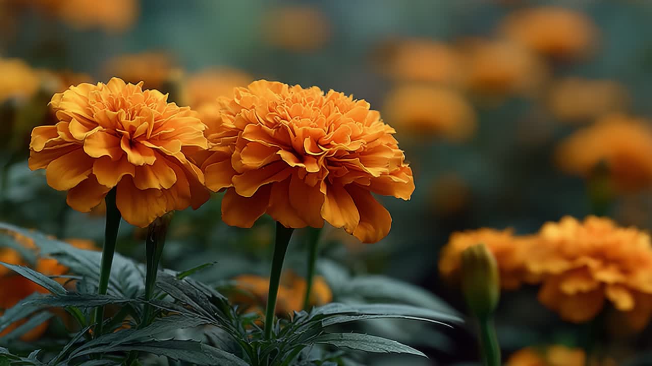 Uno splendido spettacolo di vivaci fiori di calendula arancioni che mostrano i loro petali rigogliosi e il ricco fogliame verde in un vivace ambiente da giardino sotto una morbida luce naturale.