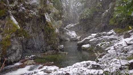 snow falling on the rocky river mountains