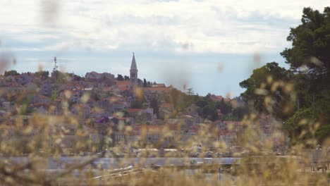 Mediterranean-coastal-city-with-red-roofs-behind-dry-blurred-grass-with-clouds-in-the-sky