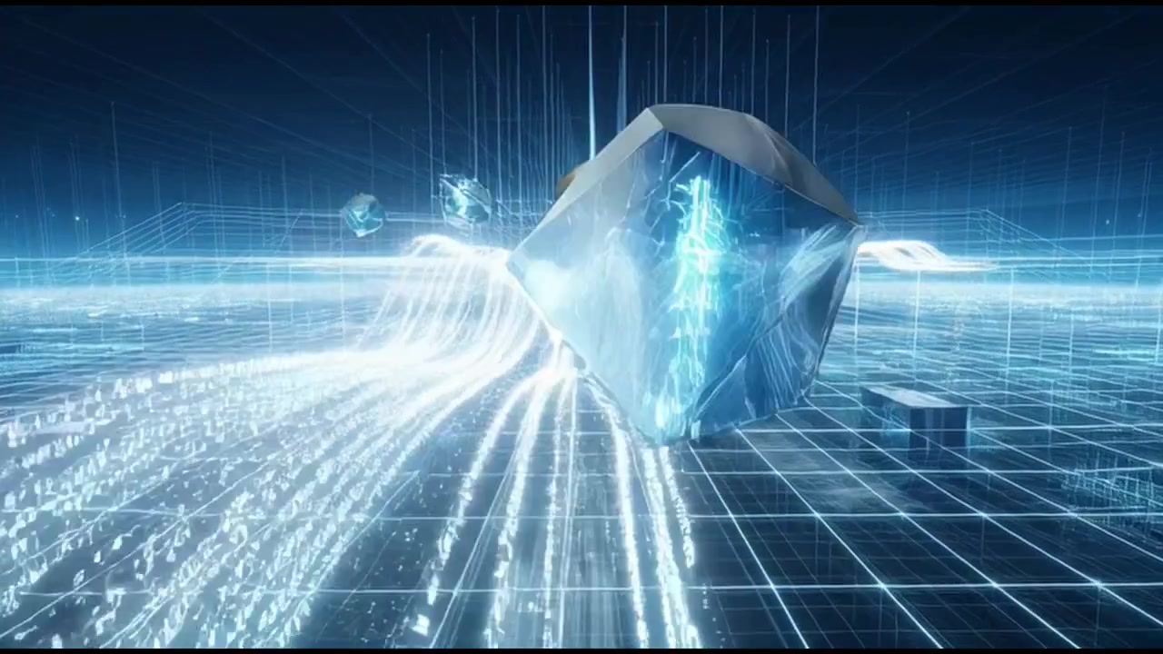 Flusso di dati digitale astratto con forme geometriche fluttuanti
