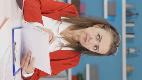 Vertical-video-of-Home-office-worker-woman-examining,-analyzing-documents.