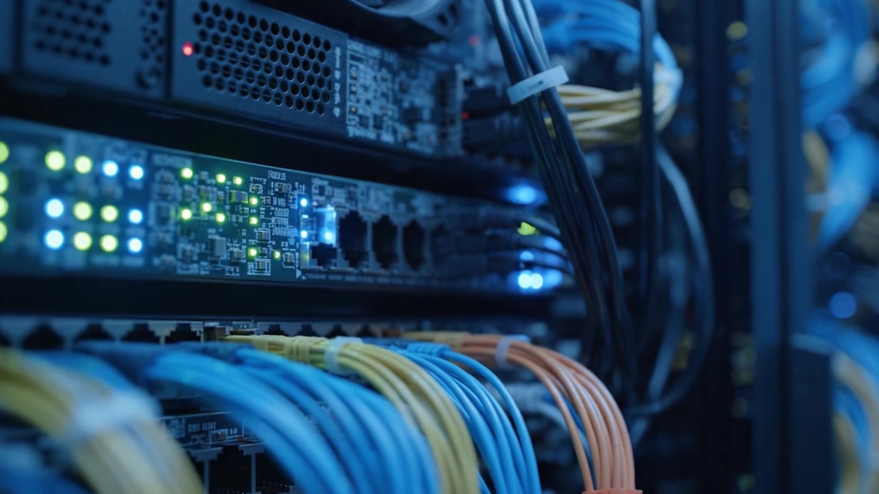Exploring the Cabling and Connections in a Modern Data Center Showcasing Advanced Network Hardware and Colorful Fiber Optic Cables