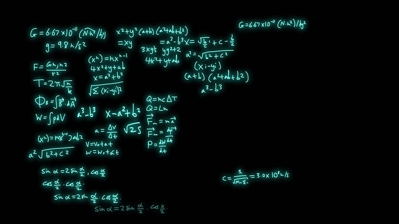 animación de fórmulas matemáticas y procesamiento de datos científicos sobre un fondo negro