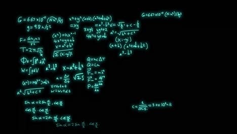 animation of mathematical formulae and scientific data processing over black background