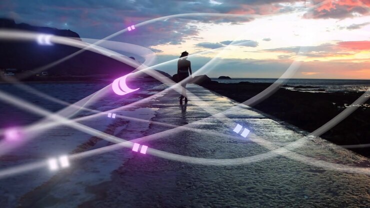 Woman starting walk along wet jetty to horizon while tech light ribbons crossing and reflecting