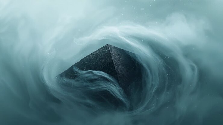 Forming teal gray vortex, swirling fog revealing central stone pyramid in mist filled void