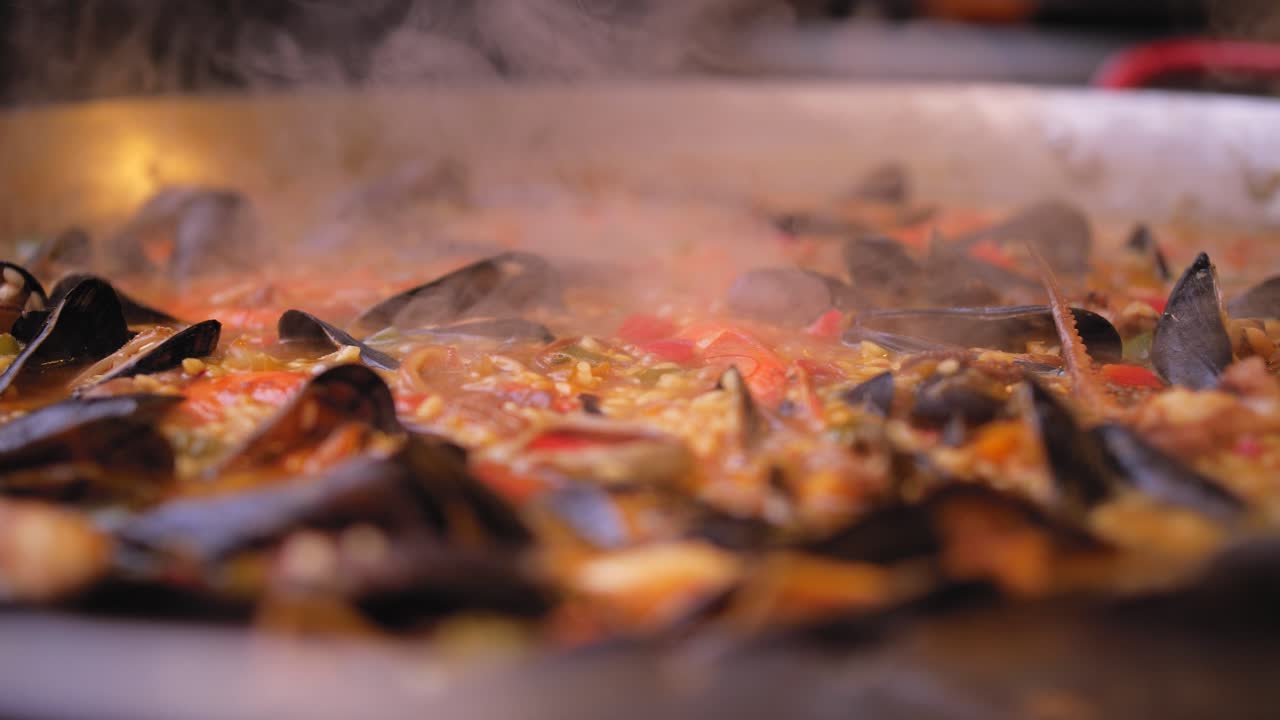 paella in a frying pan close-up