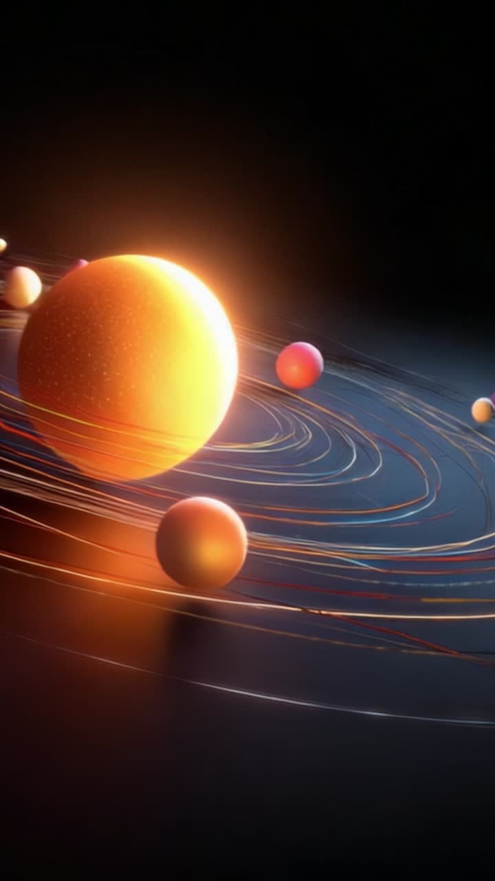 A Stunning Visual Representation of Celestial Bodies and Orbital Paths in an Artistic Solar System with Radiant Colors and Dynamic Motion Effects