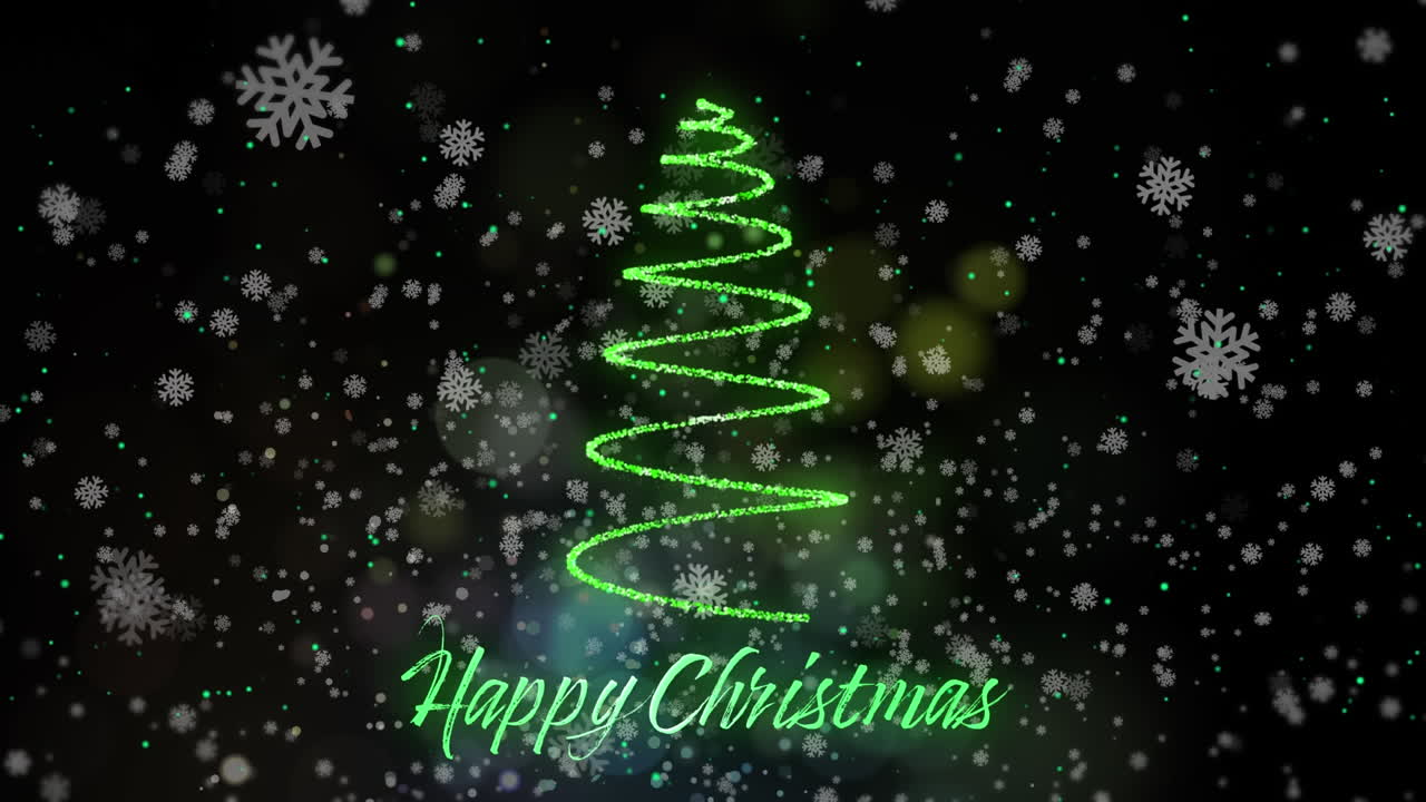 검은색 배경에 해피 크리스마스 텍스트와 함께 크리스마스 트리 위에 떨어지는 눈의 애니메이션