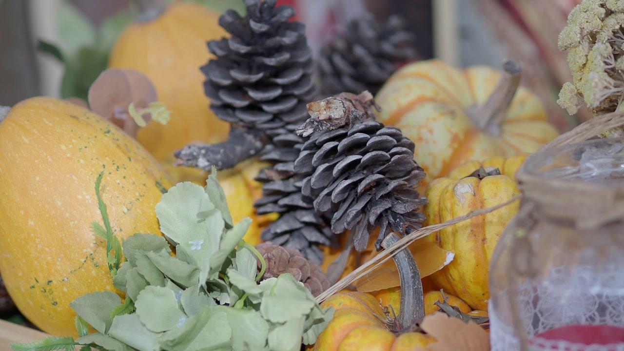 Close-up of Autumn Harvest Decoration with Pumpkins and Pinecones