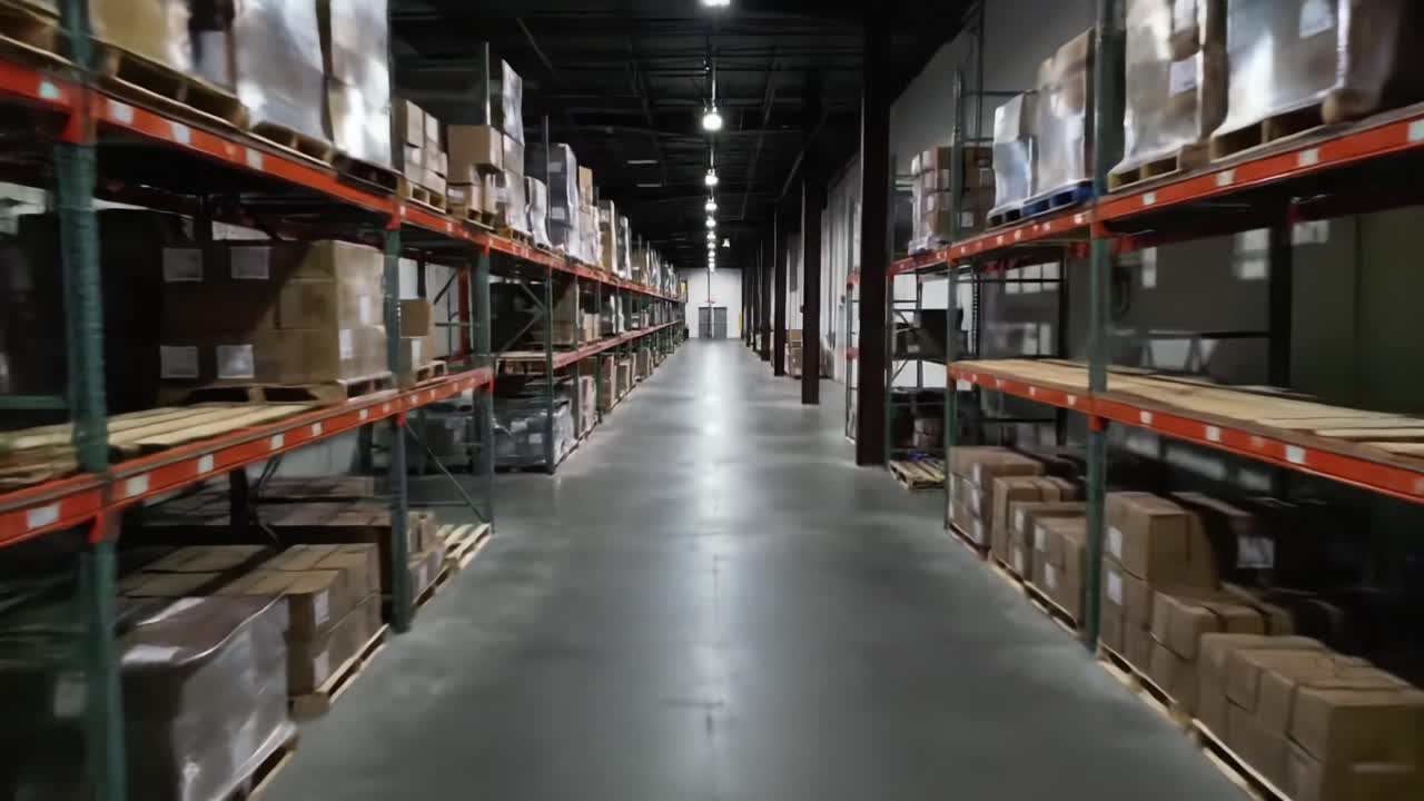 Exploring an Organized Warehouse Aisle: A Visual Journey Through Neatly Stacked Inventory and Efficient Storage Solutions in a Commercial Space