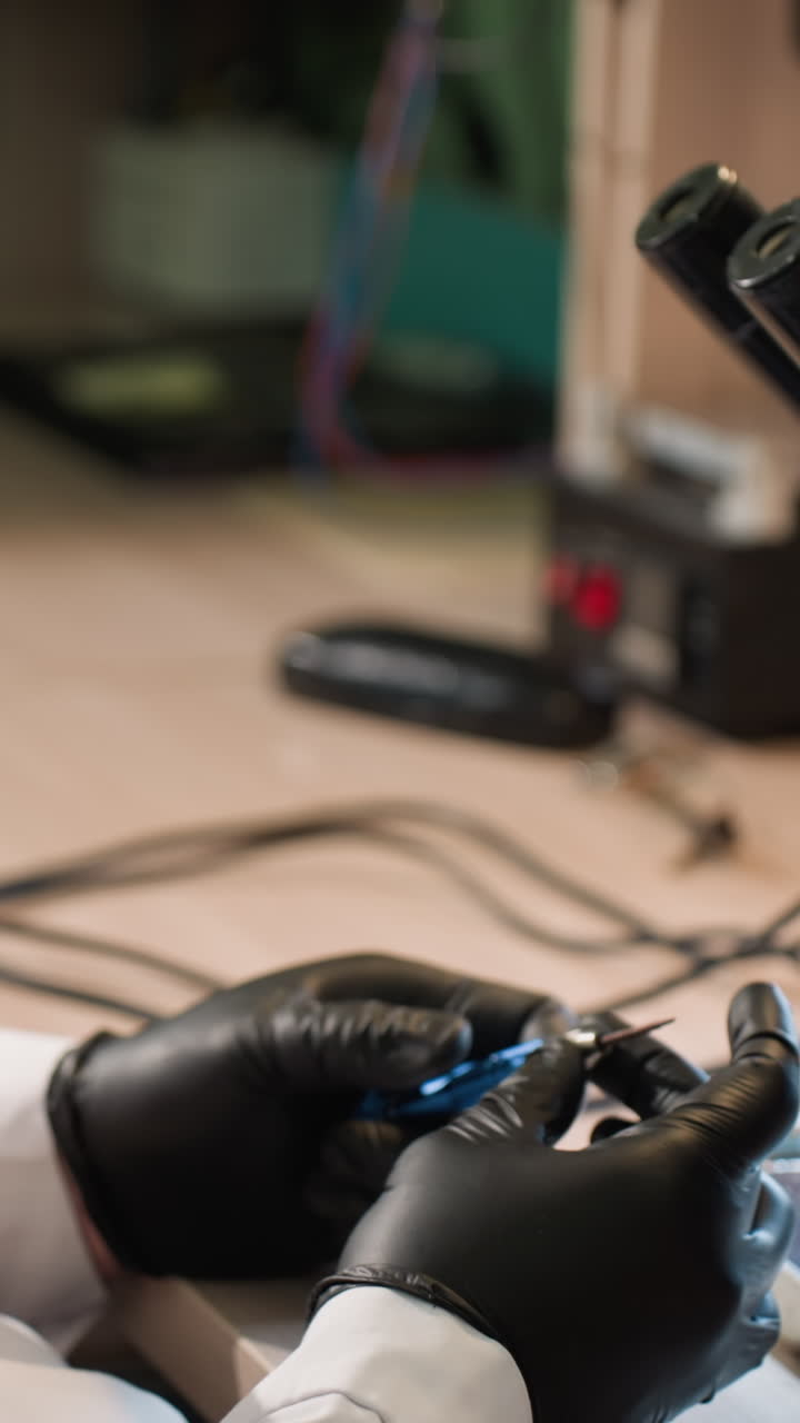 vista cercana de un técnico en una bata de laboratorio centrándose atentamente en un tornillo en su mano con un componente electrónico bajo un microscopio y varias herramientas en la mesa y el estante
