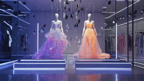 glowing futuristic dresses on mannequins in a retail display