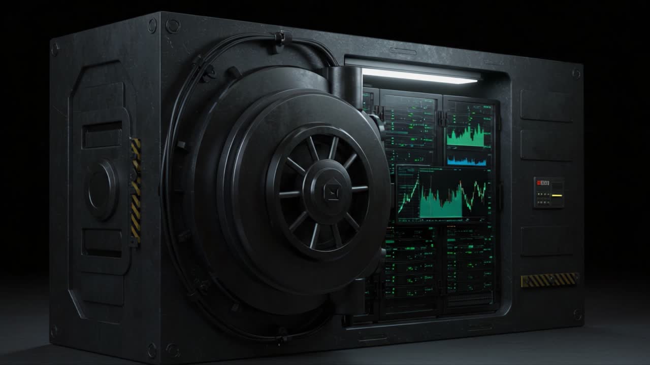 A High-Tech Secure Vault with Interactive Display Panel Transitioning from Normal to Green Light Emitting Mode, Showcasing State-of-the-Art Security Technology and Design Features