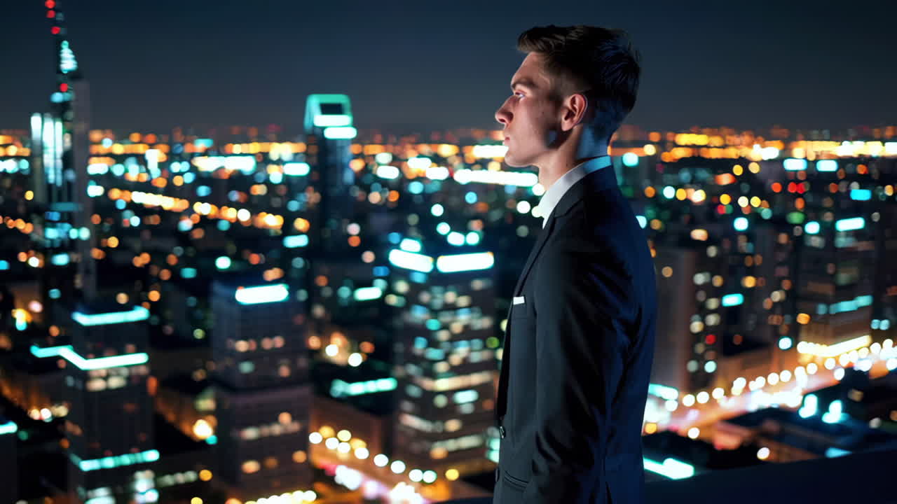 hombre de negocios en el techo por la noche