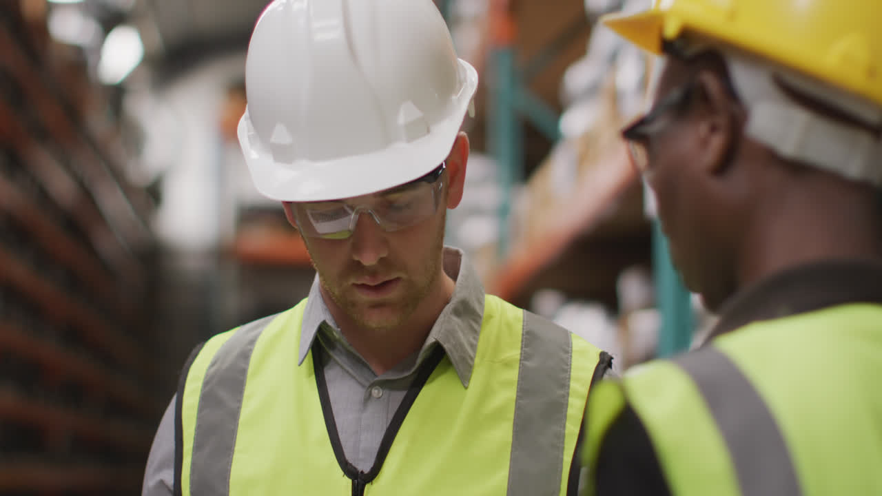 Caucasian male factory worker at a factory wearing vis vests, hard hats and glasses