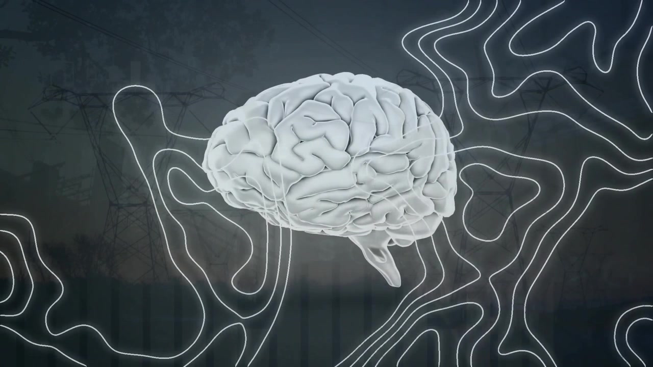 Animazione di cervello umano e linee bianche su sfondo nero