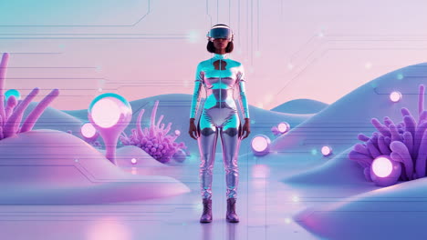 futuristic woman exploring a virtual reality landscape