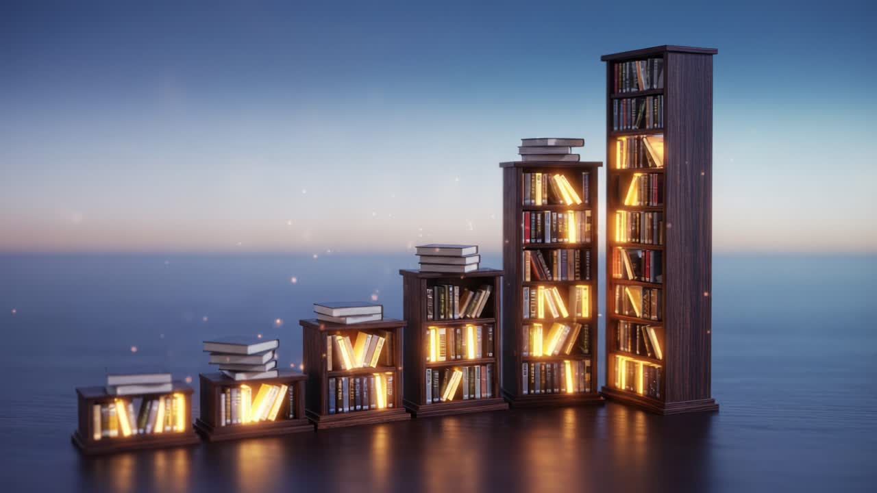 A Creative Visualization of Growing Knowledge: Bookshelves Increasing in Size with Illuminated Books Symbolizing the Journey of Learning and Personal Growth