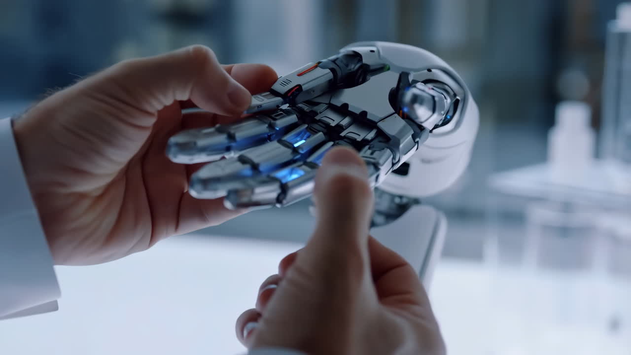 Human Hands Examining an Advanced Robotic Prosthetic Hand with Glowing Lights