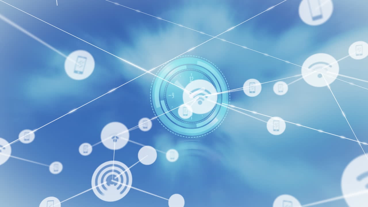 animación de la red de conexiones con iconos sobre el escaneo de alcance