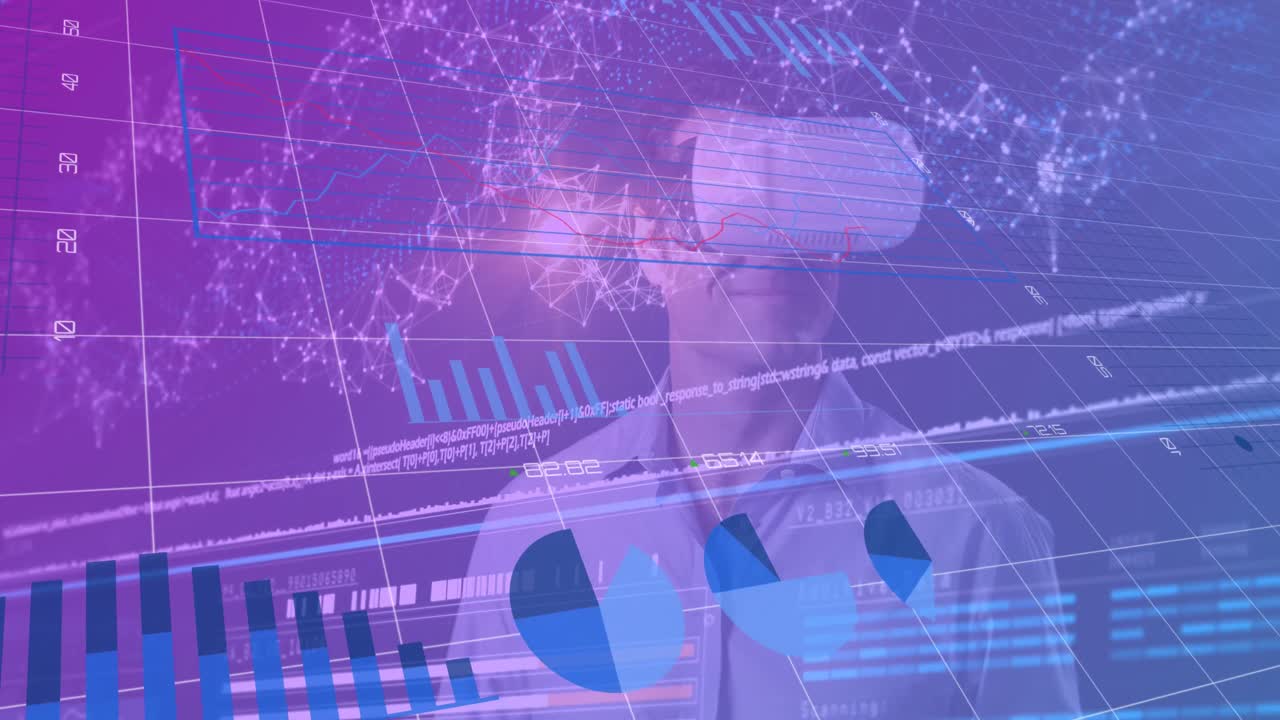 animación del procesamiento de datos sobre el hombre caucásico con auriculares vr