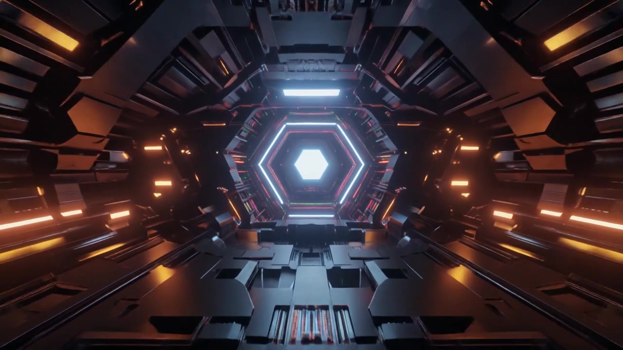 Tunnel fantascientifico futuristico con luci esagonali luminose