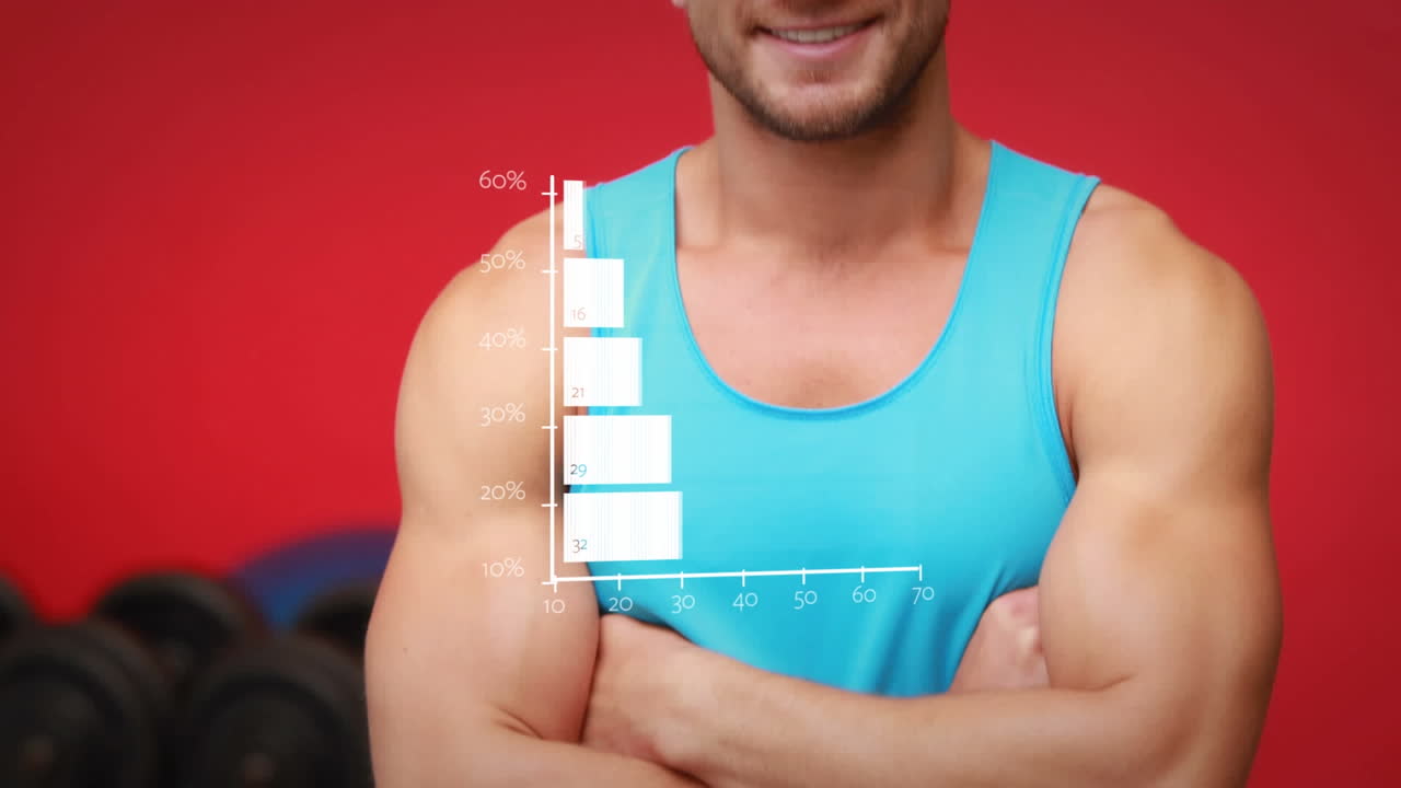 체육관에서 웃는 강한 백인 남성에 대한 통계 처리 애니메이션