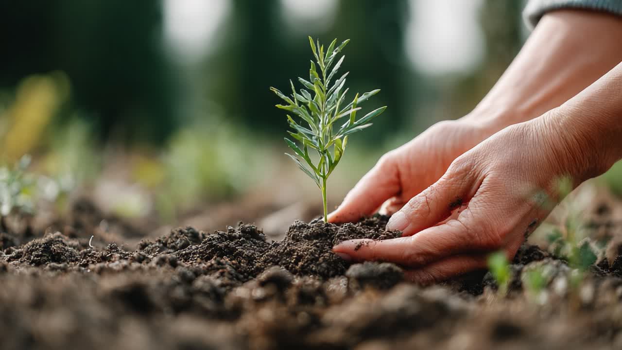 Nurturing Growth: A Close-Up View of Hands Planting a Seedling in Rich Soil, Symbolizing Renewal and Sustainability in Gardening and Nature Conservation