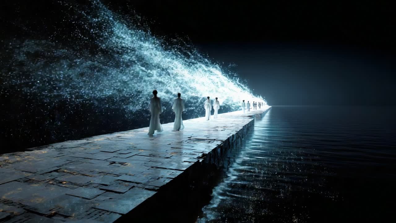 A Mystical Journey Through Ethereal Waters: Figures in White Flowing Along a Starlit Pathway Emblematic of Dreams and Transformation Amidst a Cosmic Backdrop