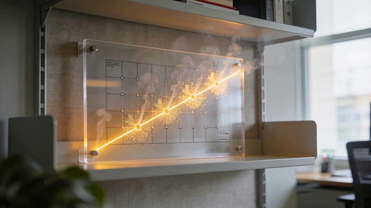 Powering clear acrylic panel, diagonal light igniting nodes and making smoke on office shelf