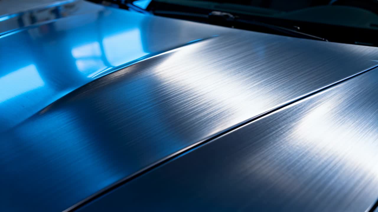 Schwenkende Kamera über gebürsteter Motorhaube, wechselnde Fensterreflexionen und eine Kante im Showroom enthüllend