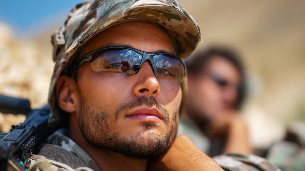 Focus and Determination: A Close-Up of a Soldier in Camouflage Uniform Showing Resilience and Strength Against the Background of Natural Terrain, Capturing the Essence of Military Life and Brotherhood