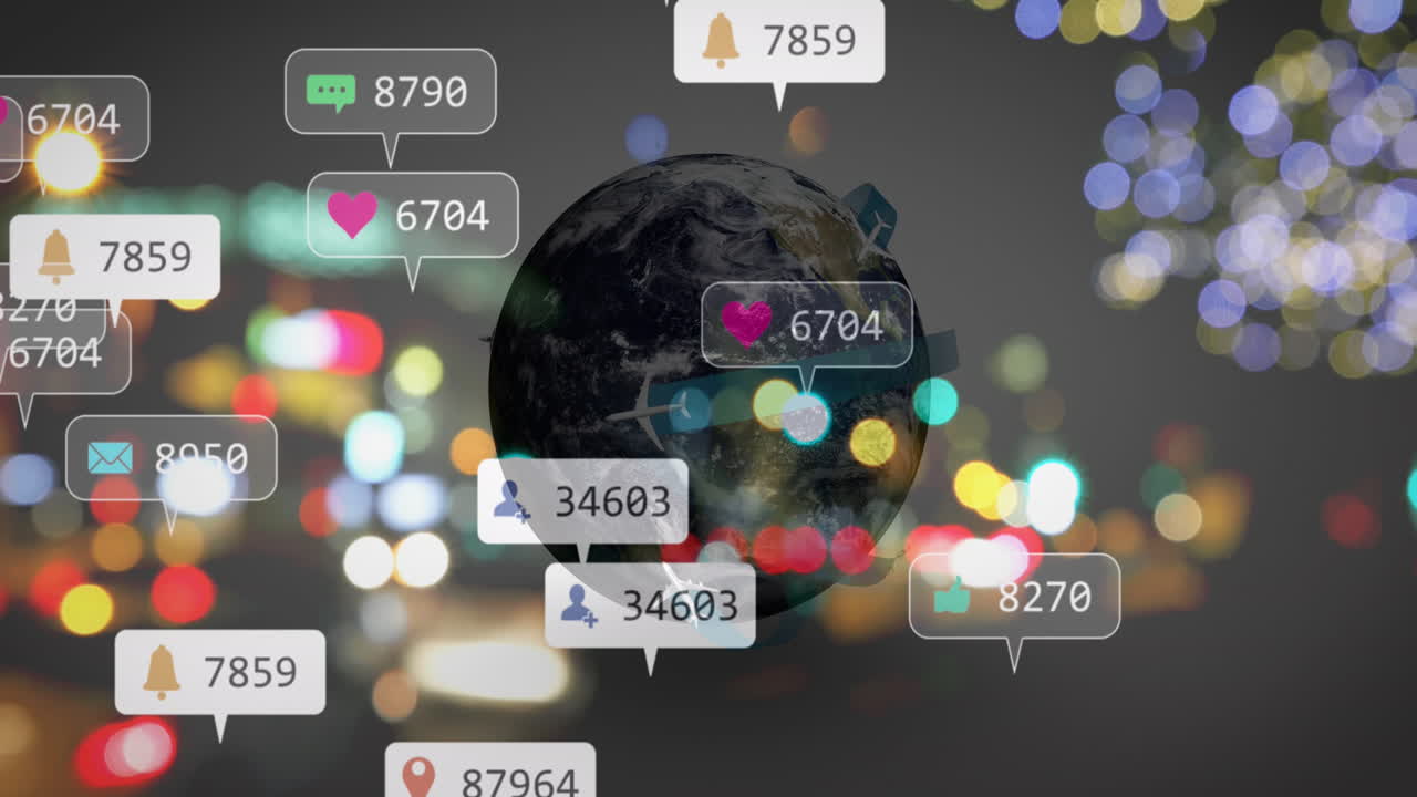 animación del procesamiento de datos con el globo sobre el paisaje urbano por la noche