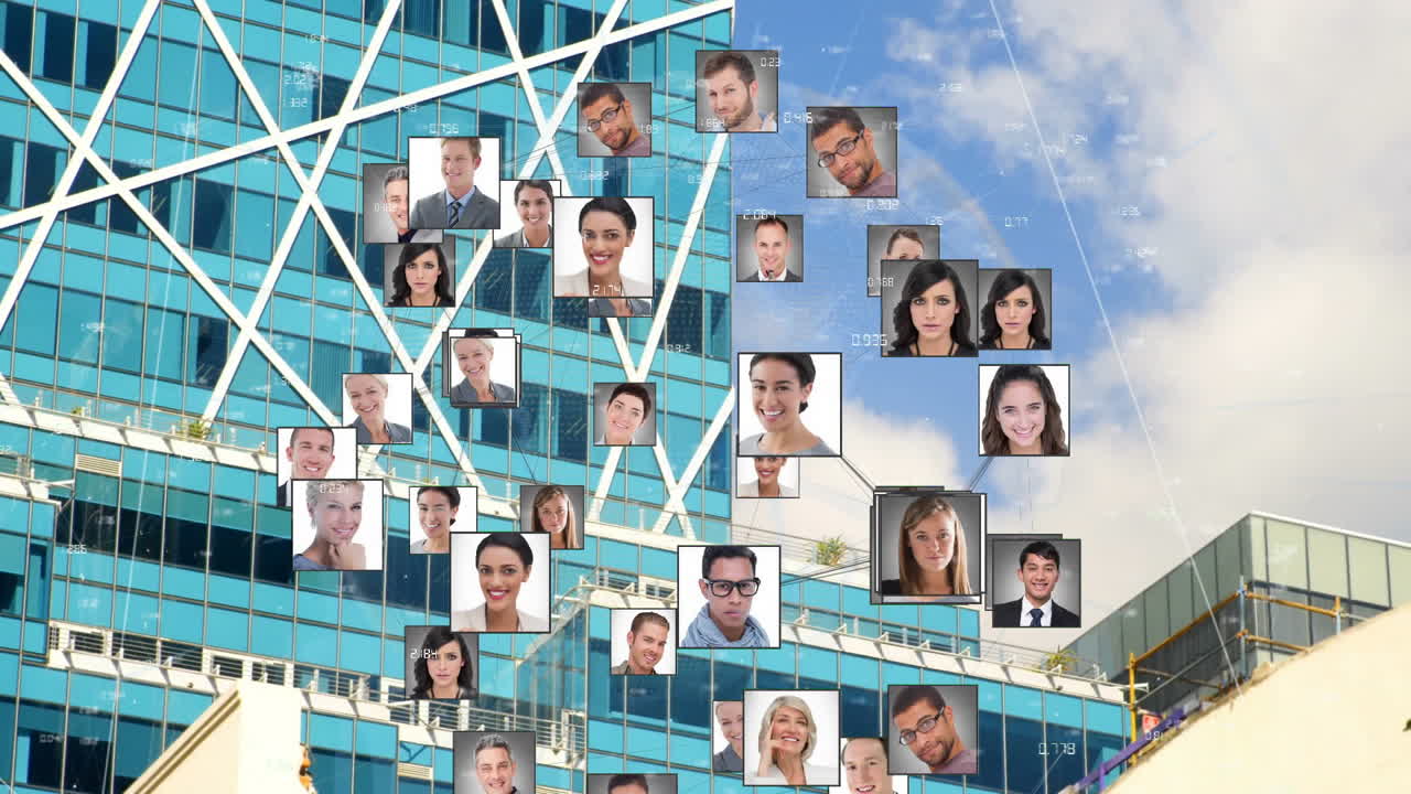 Animation of globe of network of connections with people photos over cityscape