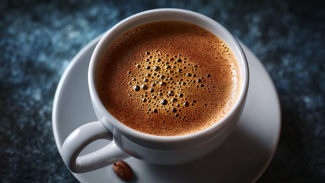 Primo piano di una tazza di caffè meravigliosamente spumoso, che mostra un aroma e una consistenza ricchi in un'atmosfera buia e suggestiva, per gli appassionati di caffè