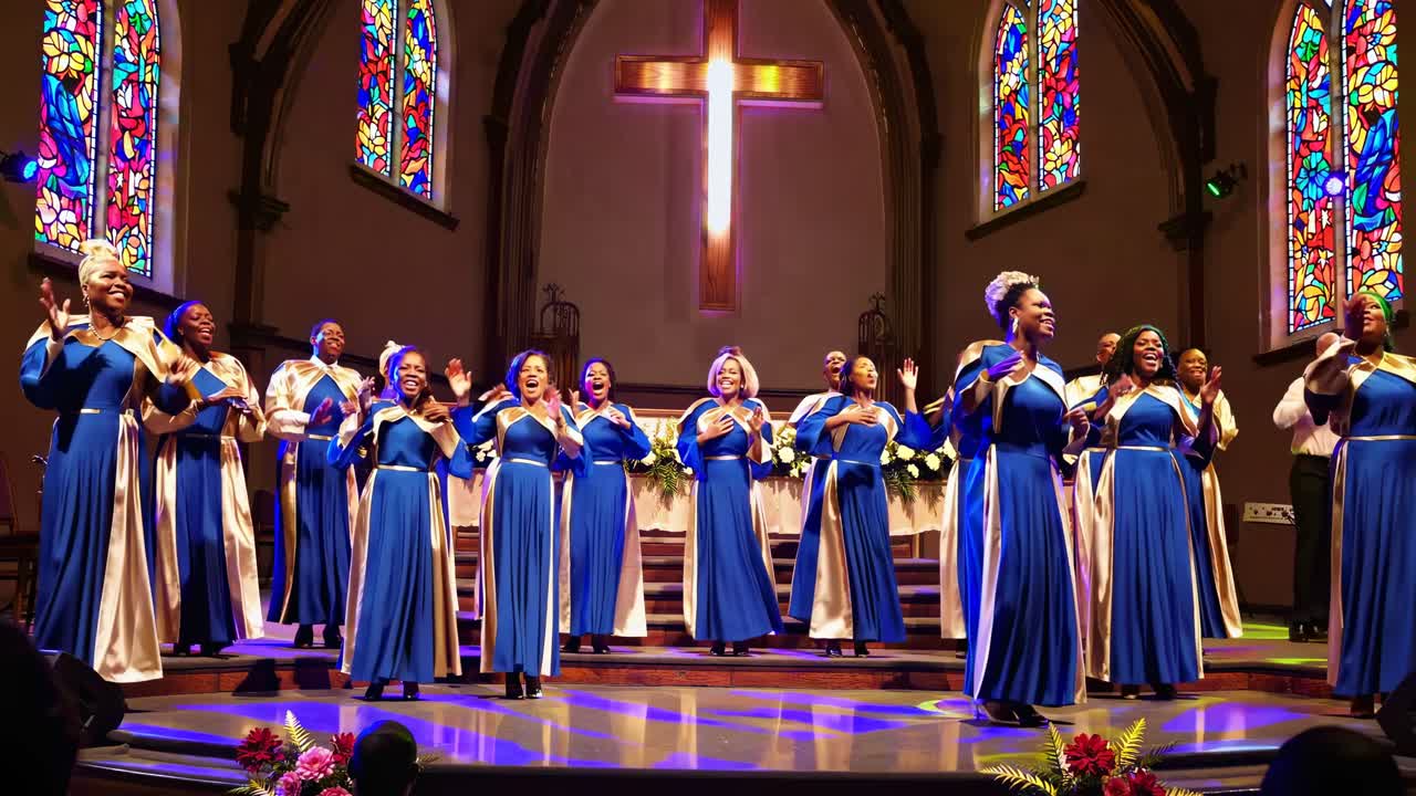 A vibrant choir in blue robes sings passionately in a church